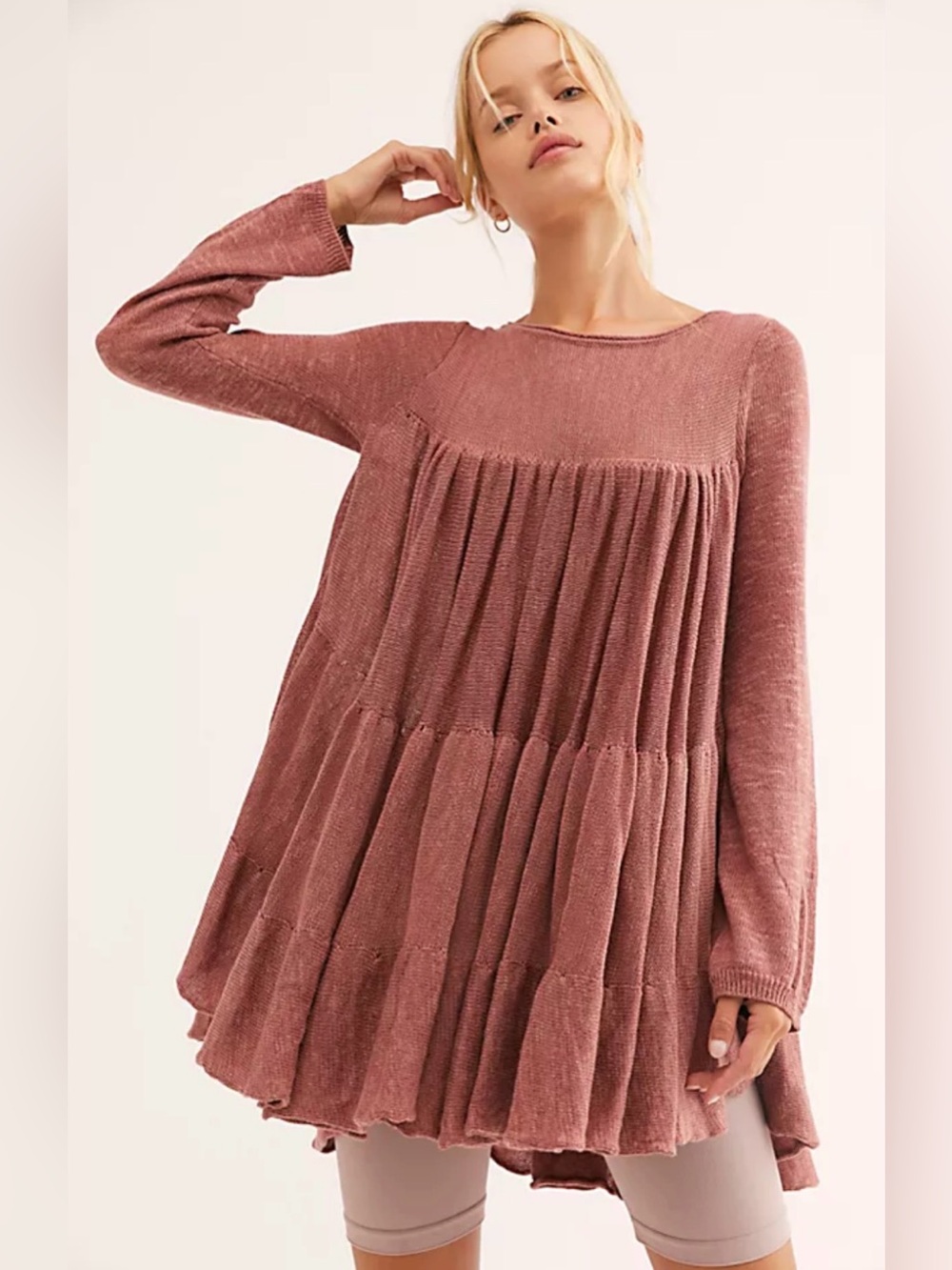 Free People “Midnight Ruffle” Knit Tunic in Heathered Rose - *Oversized*